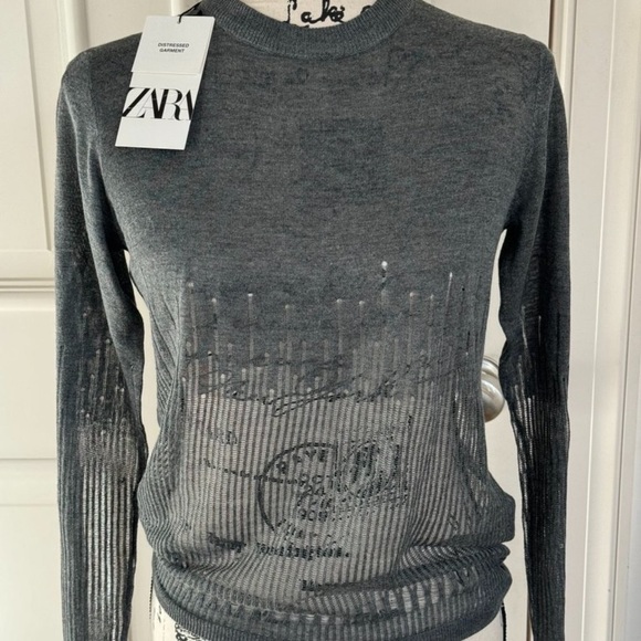 Zara Grey Sweater Top – Sheer Mesh Detail at Hem – Light & Chic – Size Small - Picture 1 of 9
